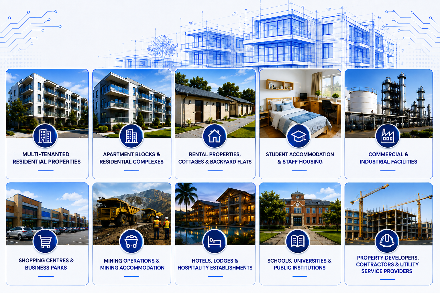 A digital infographic displaying 12 different categories of real estate and commercial properties, arranged in a grid. Each category has a blue icon, a title, and a representative photo.